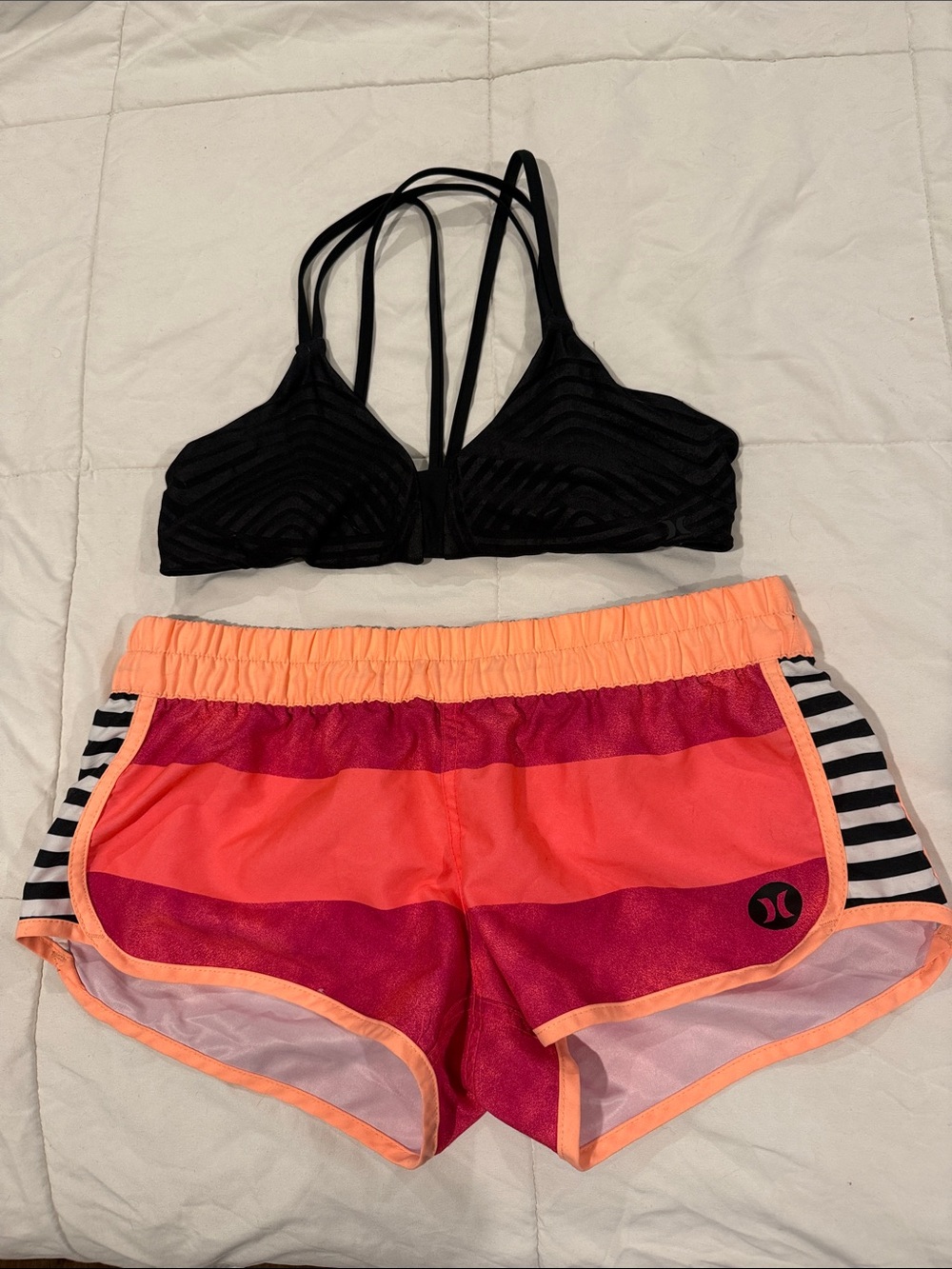 Hurley Women’s Peach & Coral Stripe Athletic Shorts and Bikini top